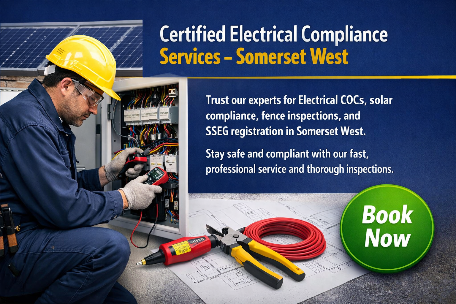 Certified electrician inspecting an electrical panel for COC, solar compliance, and fence inspections in Somerset West, with tools and a “Book Now” button.