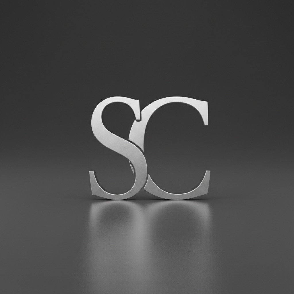 A metallic monogram of the letters S and C against a dark, reflective background.