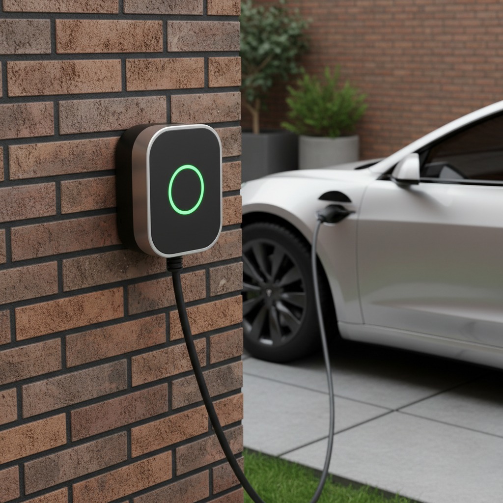 A modern electric vehicle charging station with a glowing green ring is mounted on a brick pillar, with a white car plugged in and charging in the background.